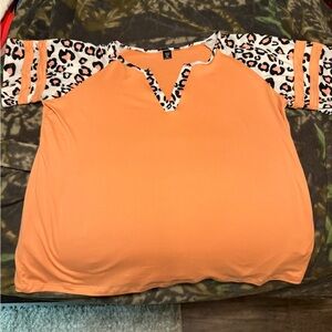 SHEIN Orange V-Notch Top with Leopard Trim